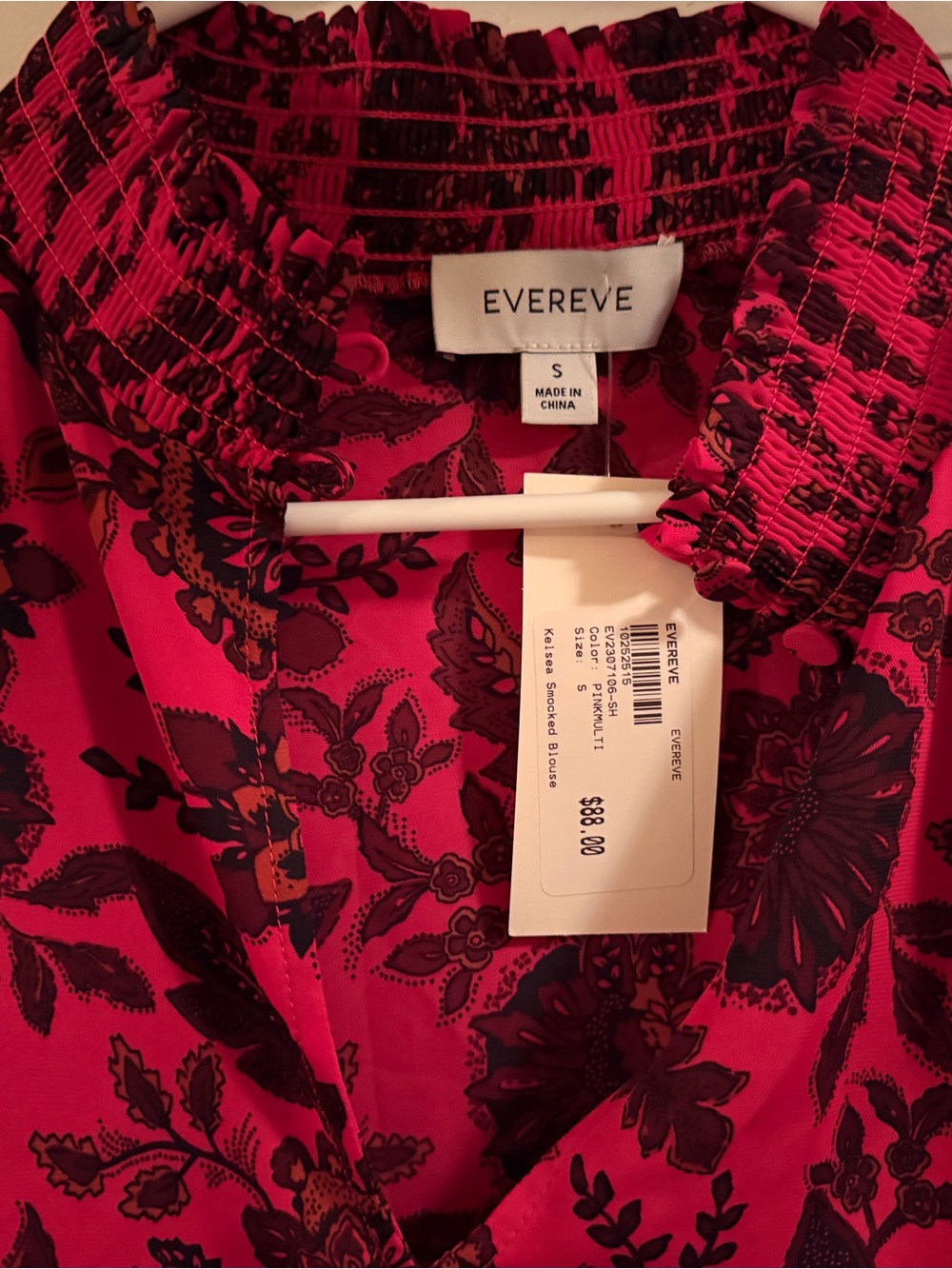 Evereve Hot Pink Floral Smocked Neck Blouse